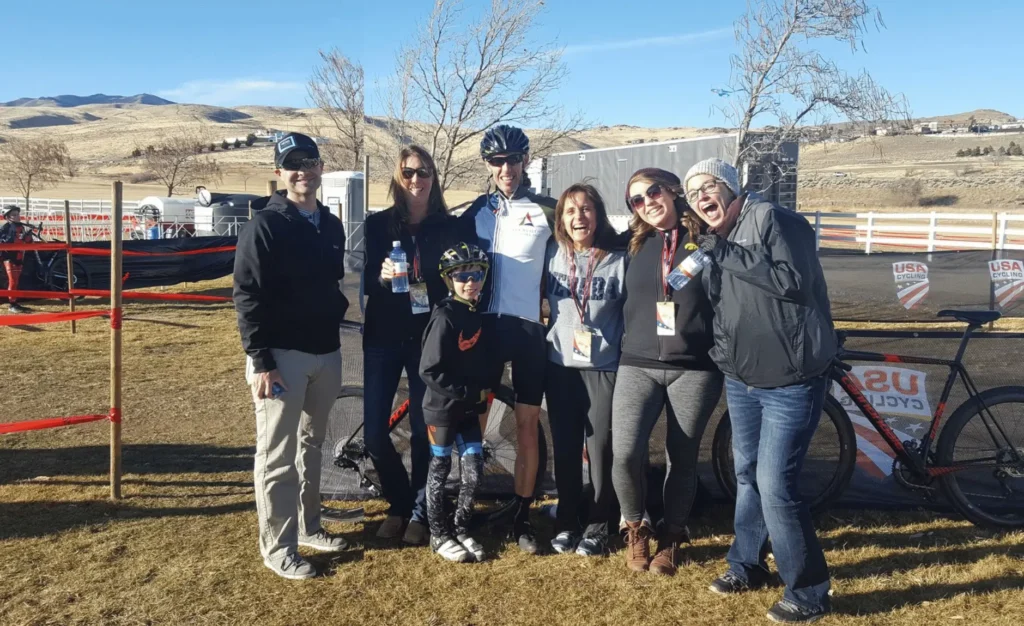 Josh, Melissa, Justin and son Charlie, Dawnette, Mary and Jennifer from TCI's Reno office supporting Justin at a bike race.