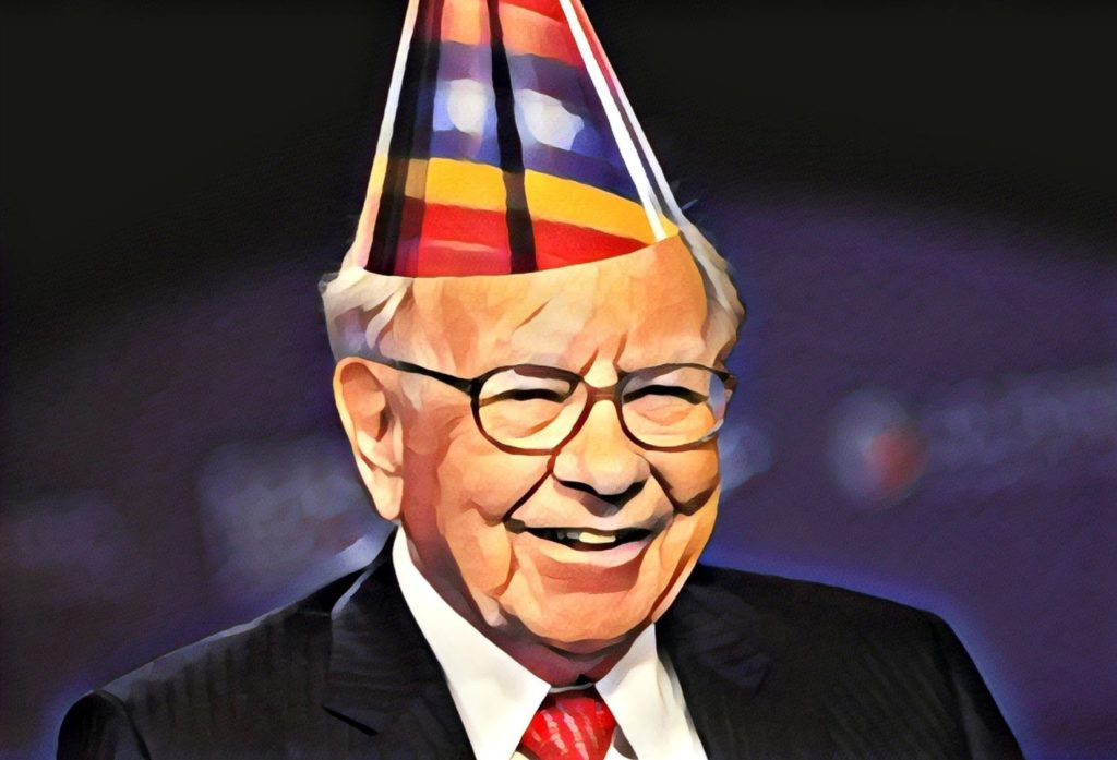 Picture of Warren Buffett with birthday hat on.