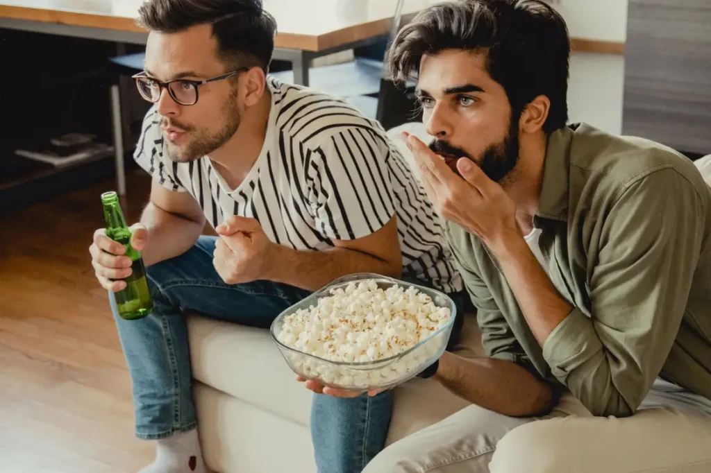 two people sitting down watching something intently