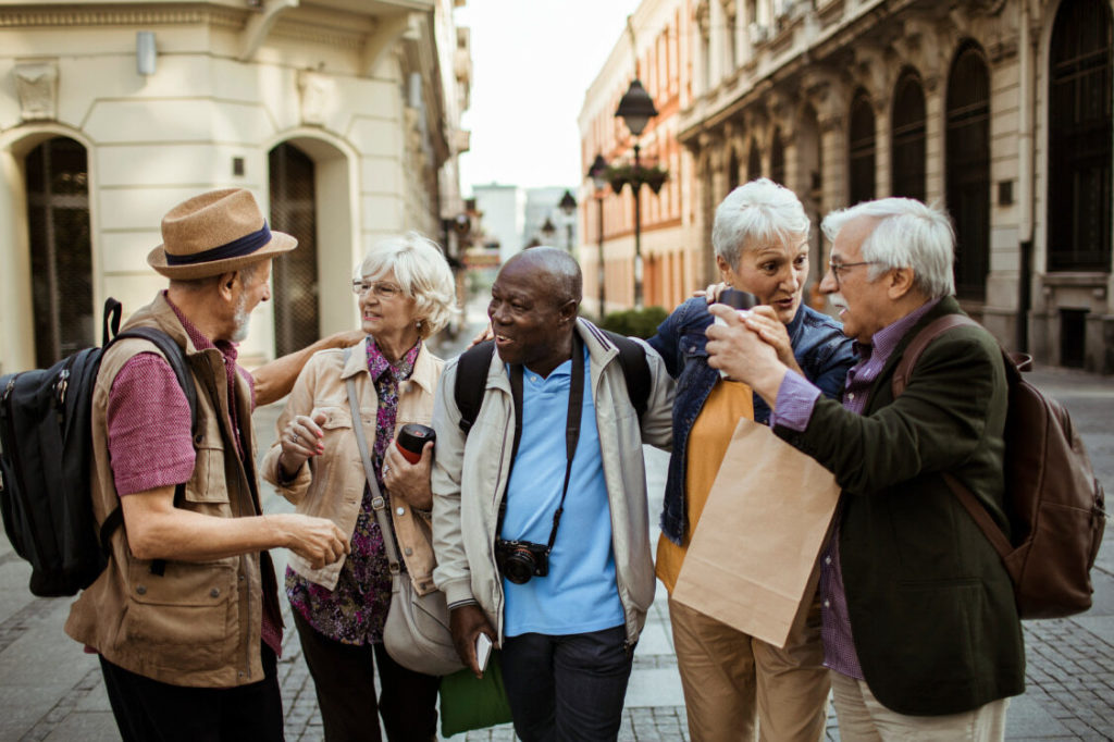 group of seniors travelling in European city