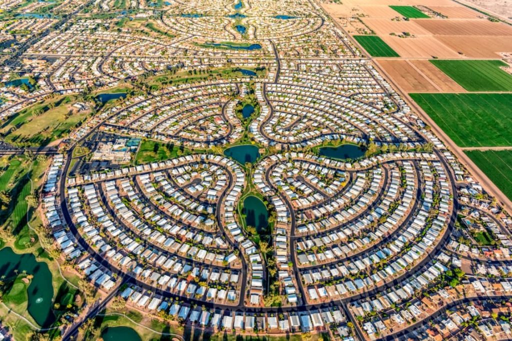 Aerial view of the shapes created by this master planned suburban community in Chandler, Arizona, just outside of Phoenix.