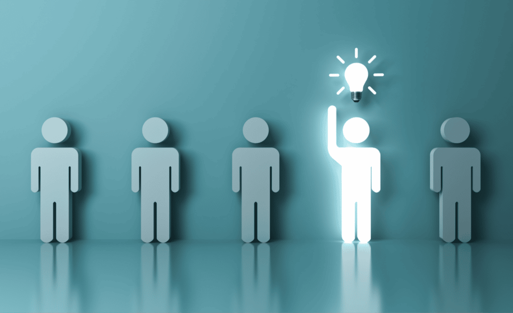 Rendering of talking to many people until you find the right one. One glowing light person standing with arms wide open among other people on green background with reflections and shadows. Light bulb over the person with right approach.