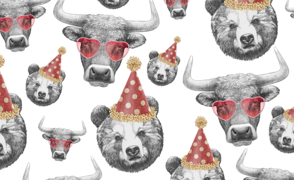 A pattern of bulls in heart shaped sunglasses and bears in red birthday party hats