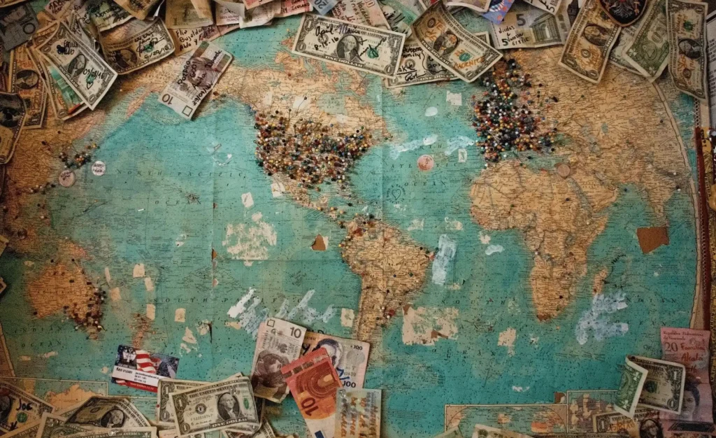 a map of the world with pins marking various cities visited and dollar bills of different currencies around the outside of the map