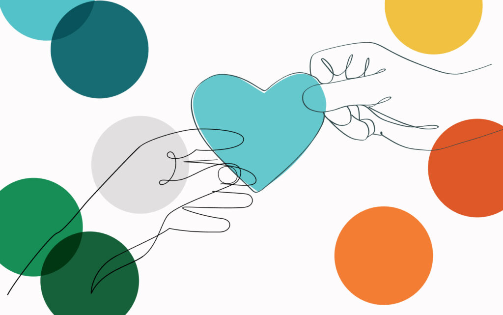 a graphic of the outline of a hand giving another hand a blue heart with large polka dots throughout the graphic