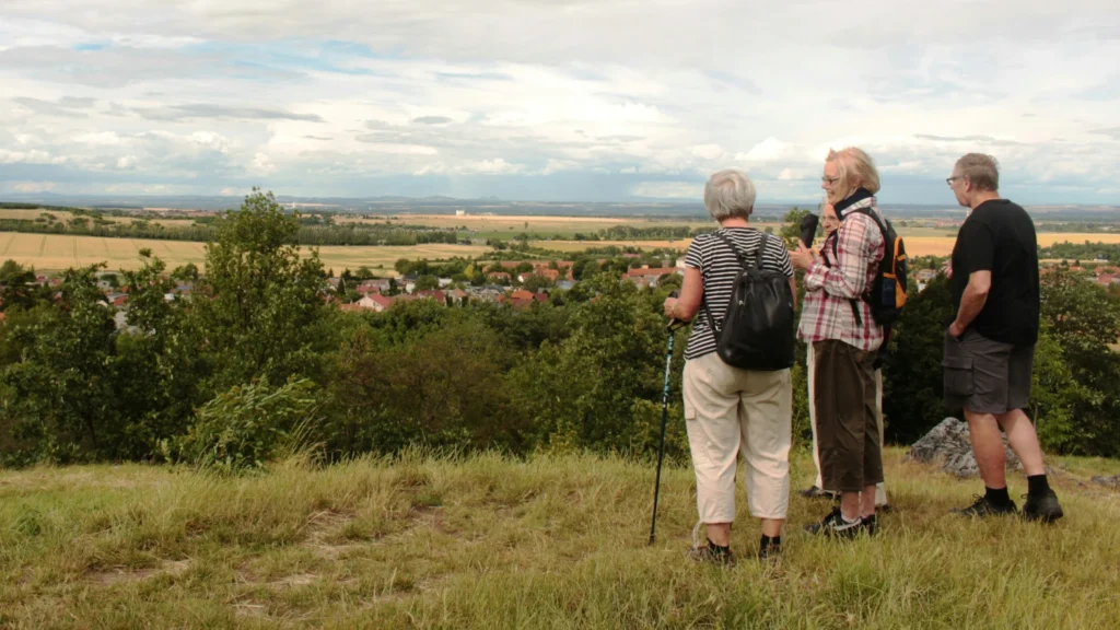 Two couples hiking in retirement standing near tree under white sky near a European village.