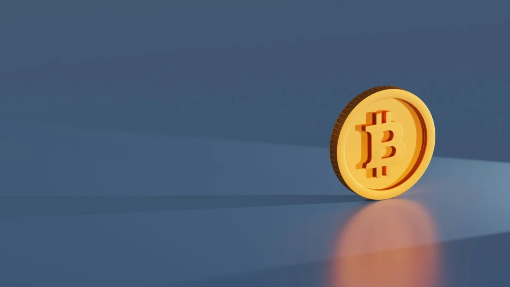 a graphic of a bitcoin boin against a gray-blue background