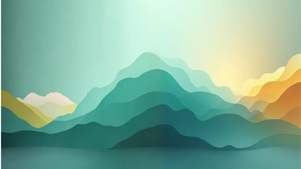 Abstract illustration of layered mountain shapes in soft green and blue tones with warm light on the horizon, conveying depth, distance, and a sense of long-term perspective.