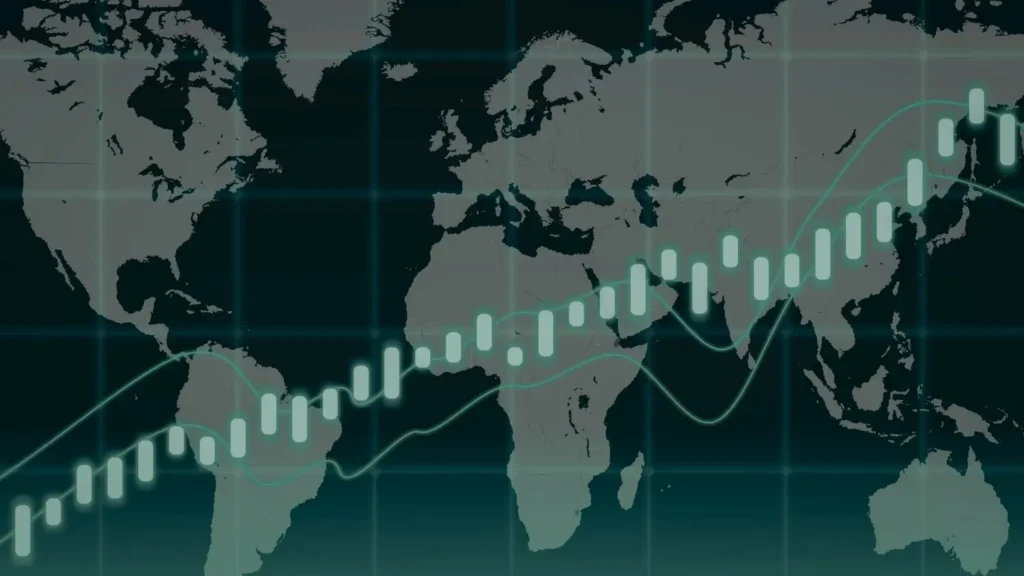 World map background with an upward trending financial chart representing global stock market growth despite geopolitical uncertainty.