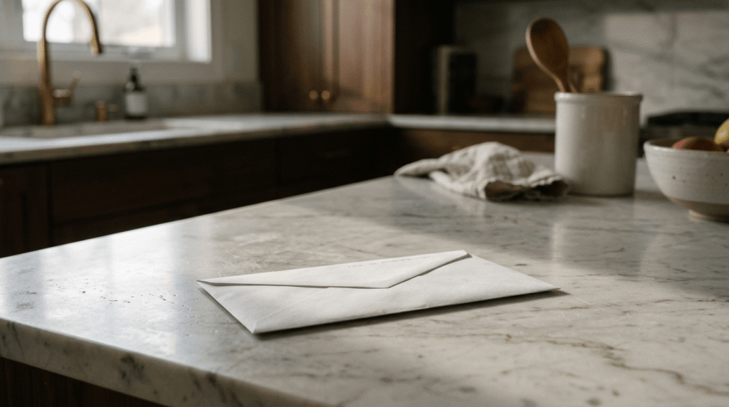 A cream-colored envelope resting on a marble kitchen countertop, softly lit, with a wooden spoon in a crock, a linen towel, and a bowl of fruit blurred in the background."