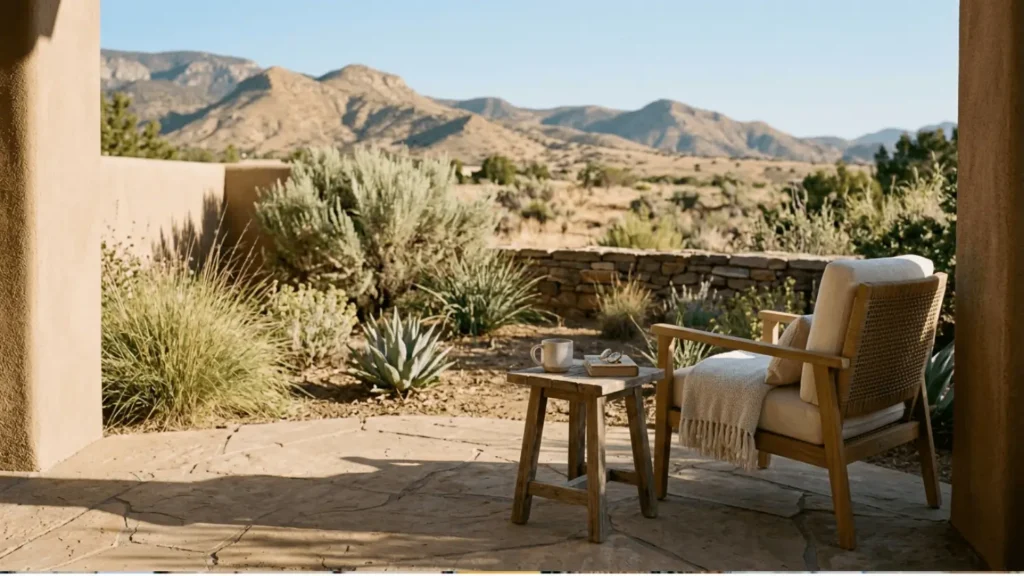 Image of the desert with a chair and blanket.