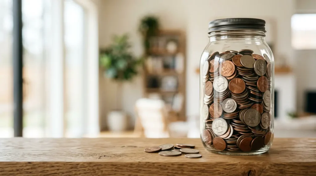 A clear glass jar filled with various coins resting on a wooden surface, with a loose stack of coins next to it. The background features a soft-focused living area with plants and shelving.