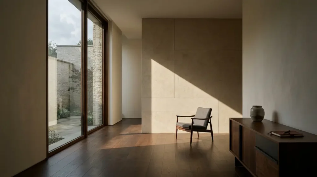 Sunlit minimalist room with a large courtyard window, a single wooden armchair against a limestone wall, and a walnut sideboard with a vase and notebook.